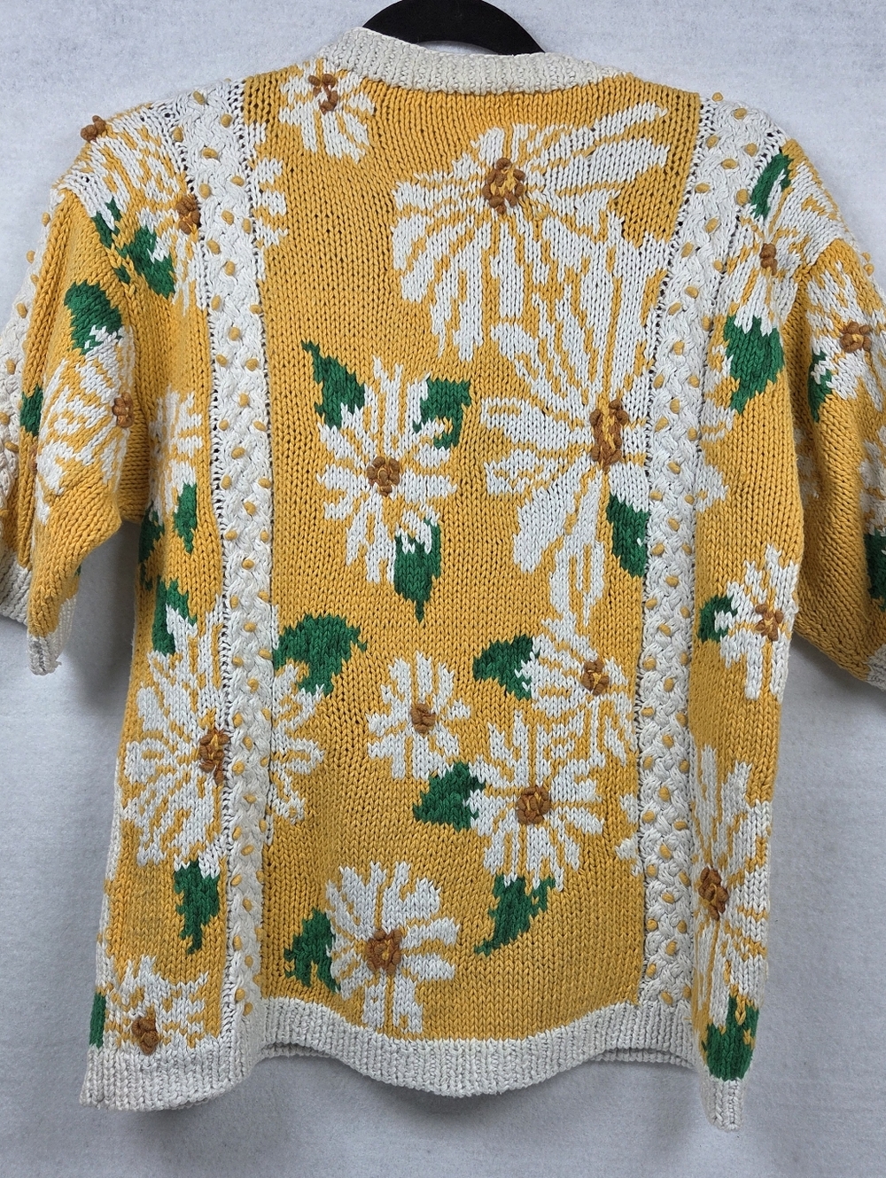 Vintage Hand Knit Floral Cardigan Yellow Daisy Embroidered 3D Cottagecore - Picture 3 of 8